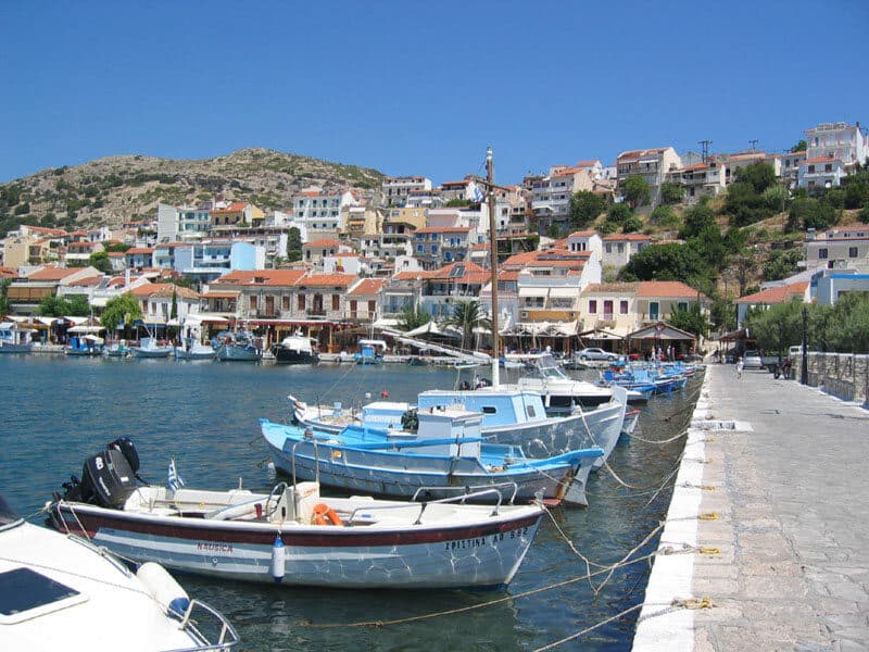 View of Kokkari on the north coast of Samos with the Aegean Sea beyond