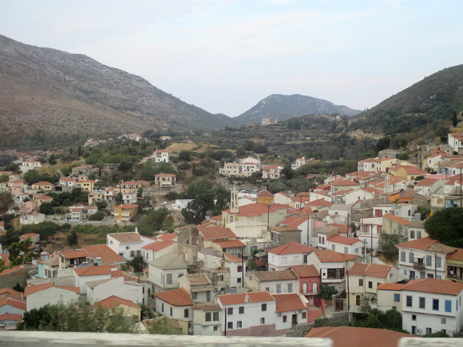 Panorama of the harbour at Pythagoreio on Samos with boats and waterfront houses