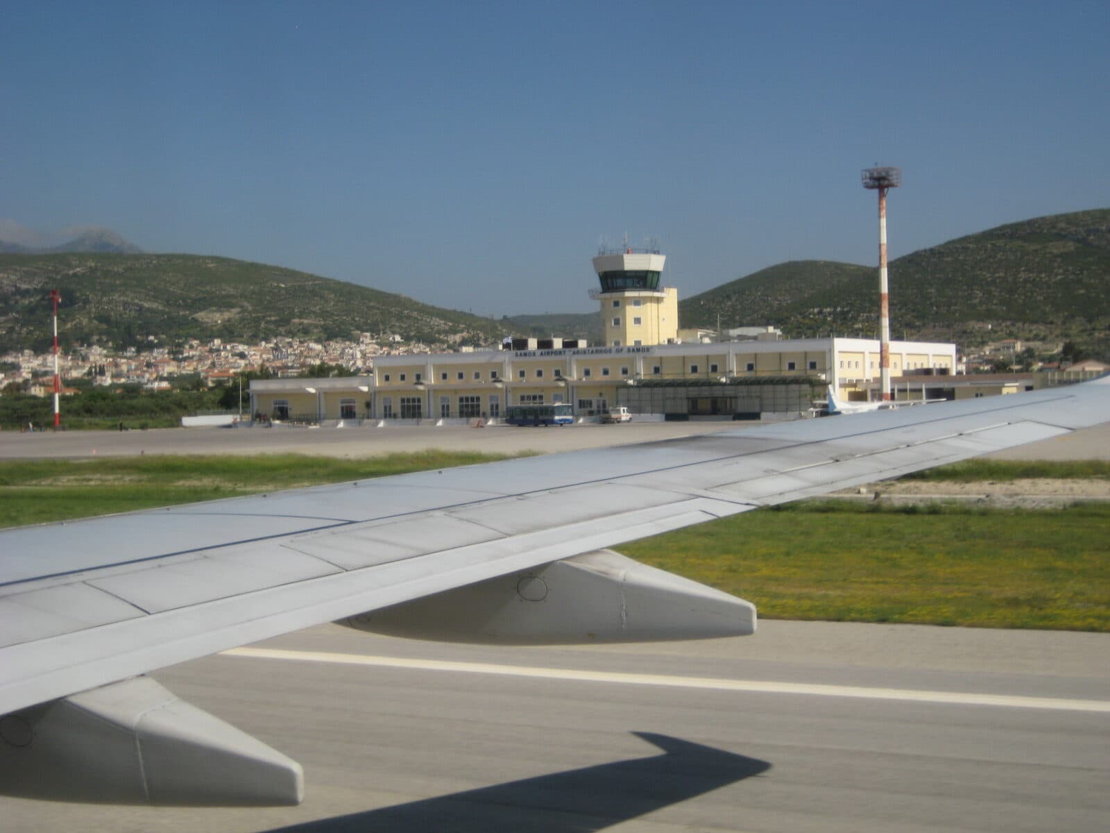 Panorama of the harbour at Pythagoreio on Samos with boats and waterfront houses